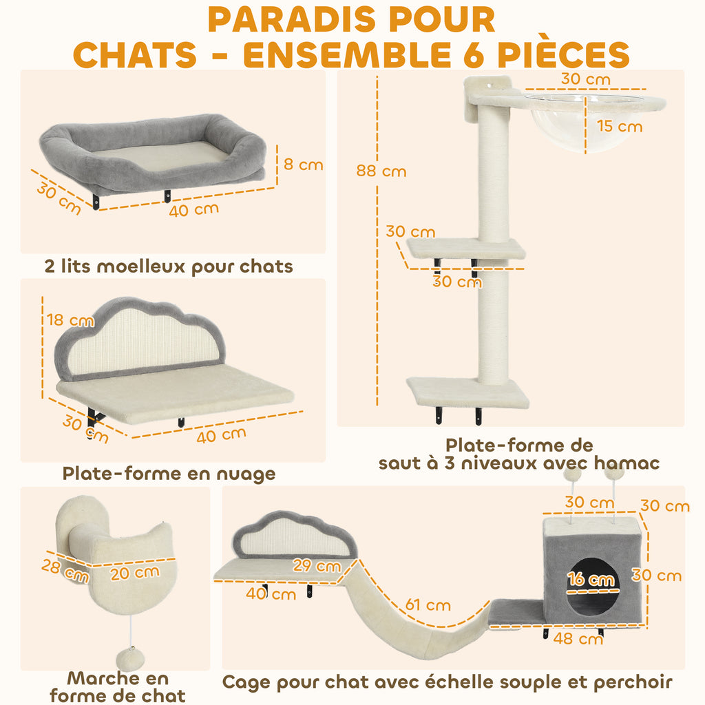 Étagères murales pour chat ensemble de meubles muraux 6 pièces hamac à bulles en acrylique niche hamac échelle beige