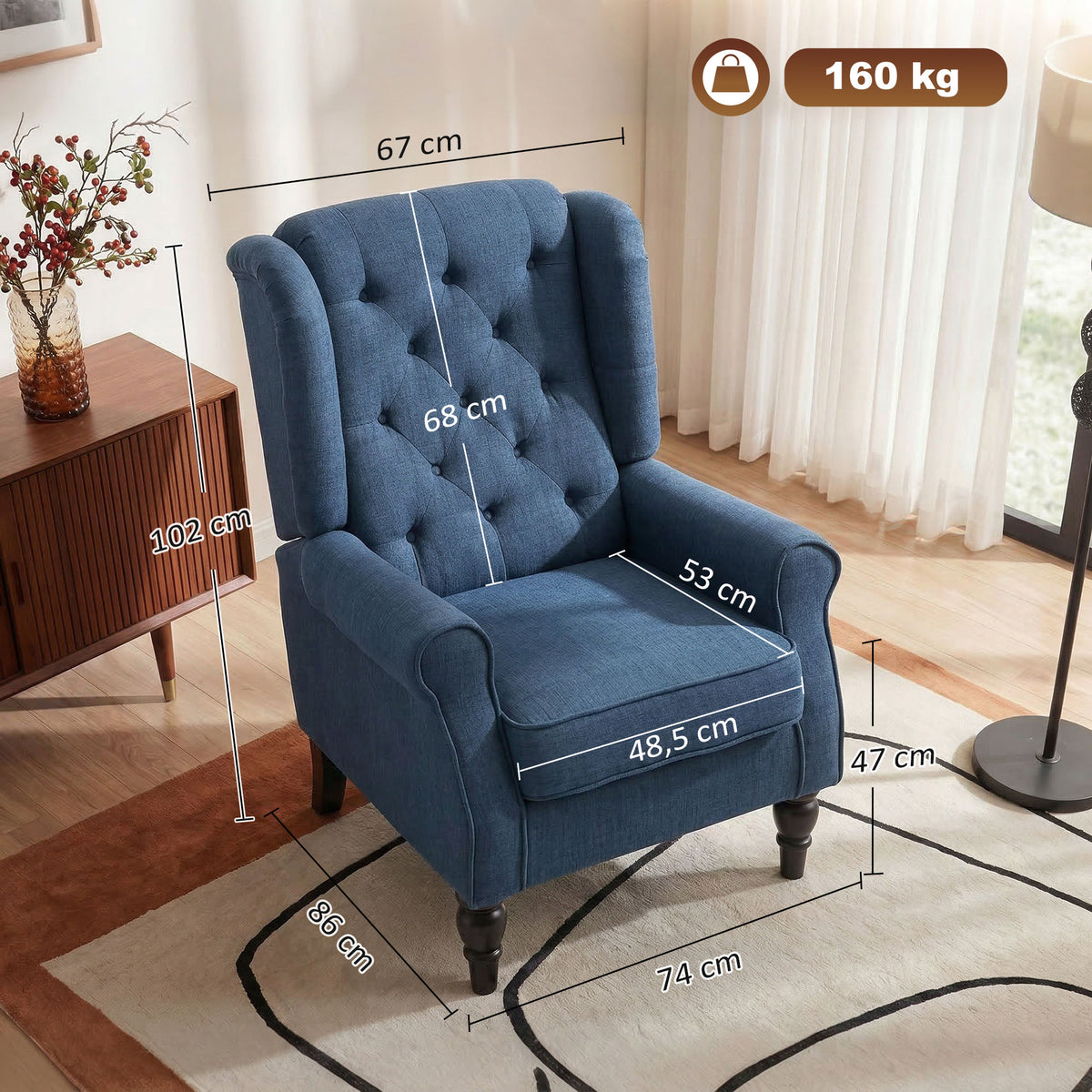 Fauteuil de Salon, Fauteuil Capitonné avec Pieds en Bois, Assise Large, Grand Confort, Classique, 74x86x102cm, Bleu