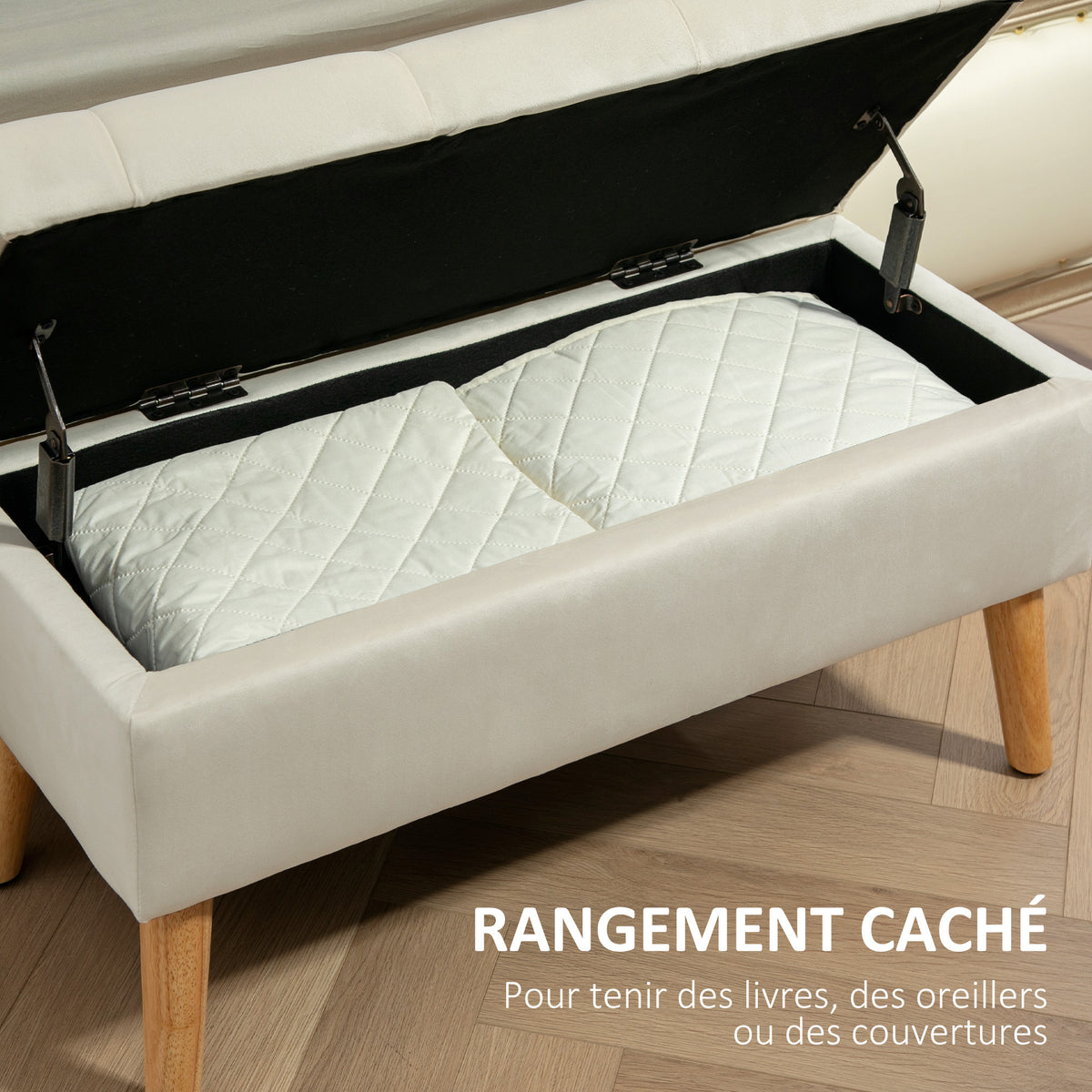 Banc de rangement coffre de rangement tissu effet velours pieds en bois charge max. 120 kg 80 x 35 x 42 cm, crème