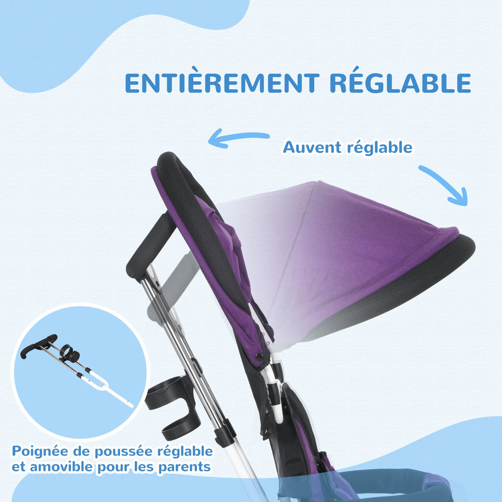 Tricycle enfant évolutif pare-soleil pliable canne télescopique amovible 95 x 50 x 106 cm acier violet blanc