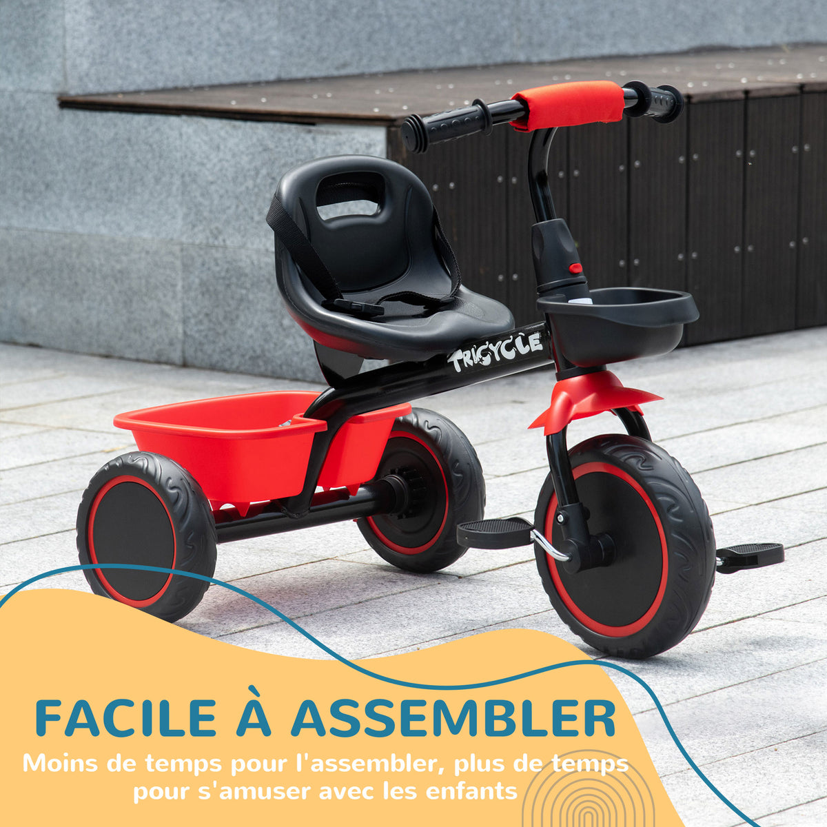 Tricycle pour enfant évolutif avec siège réglable pédales 2 paniers ceinture pour enfant de 2 à 5 ans rouge et noir