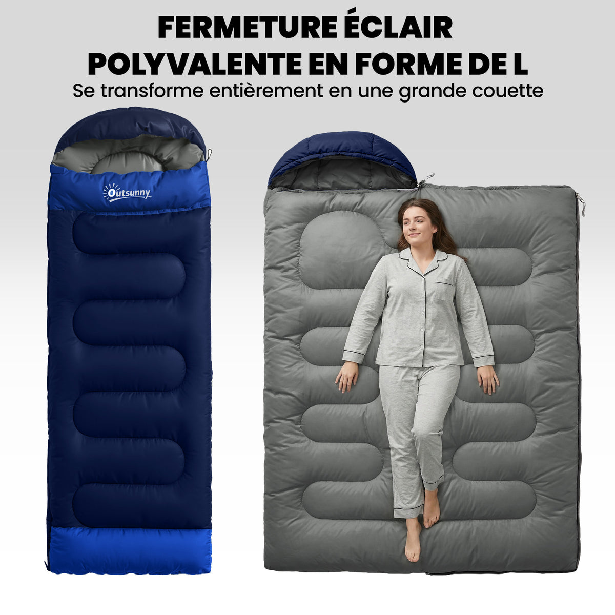 Sac de Couchage Adulte, avec Section Tête, Fermeture Éclair et Sac de Rangement, 300 g/m², 215x75x10cm, Bleu Marine