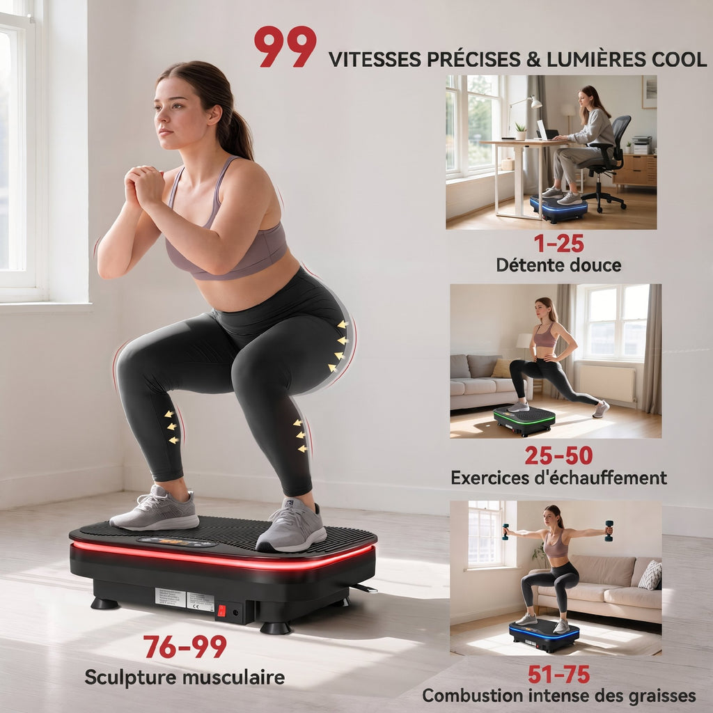 Plateforme Vibrante avec Lumières, Bluetooth, 3 Programmes, 99 Vitesses, Télécommande, Écran LED, 47x32x12cm, Noir