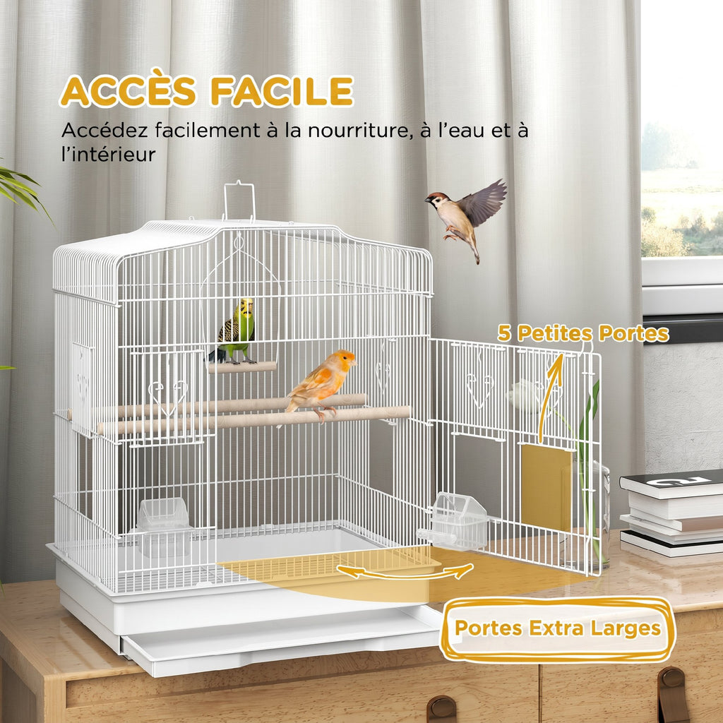 Cage à Oiseaux Volière avec Mangeoires, Perchoirs, Plateau Excrément Amovible, 46,5 x 36 x 59 cm, Blanc