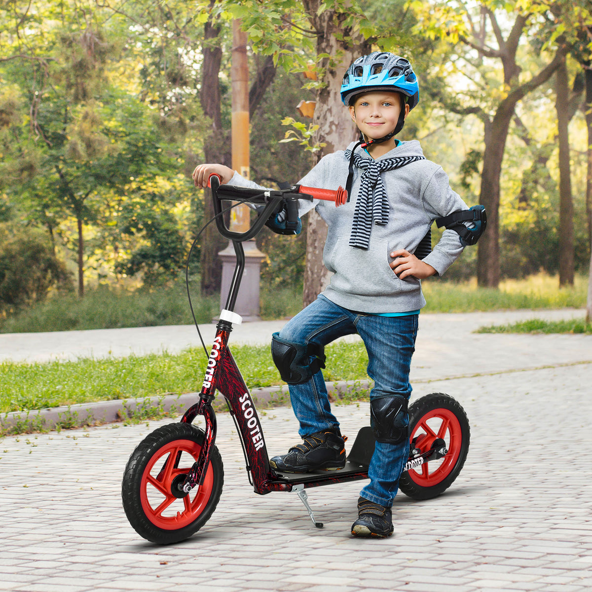 Trottinette patinette scooter enfant grandes roues de 6 à 12 ans hauteur réglable frein arrière béquille rouge