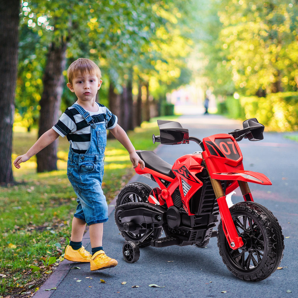 Moto cross électrique pour enfants 3-8 ans, batterie 6 V, 2 moteurs, klaxon et roues d'entraînement, charge 30KG, rouge