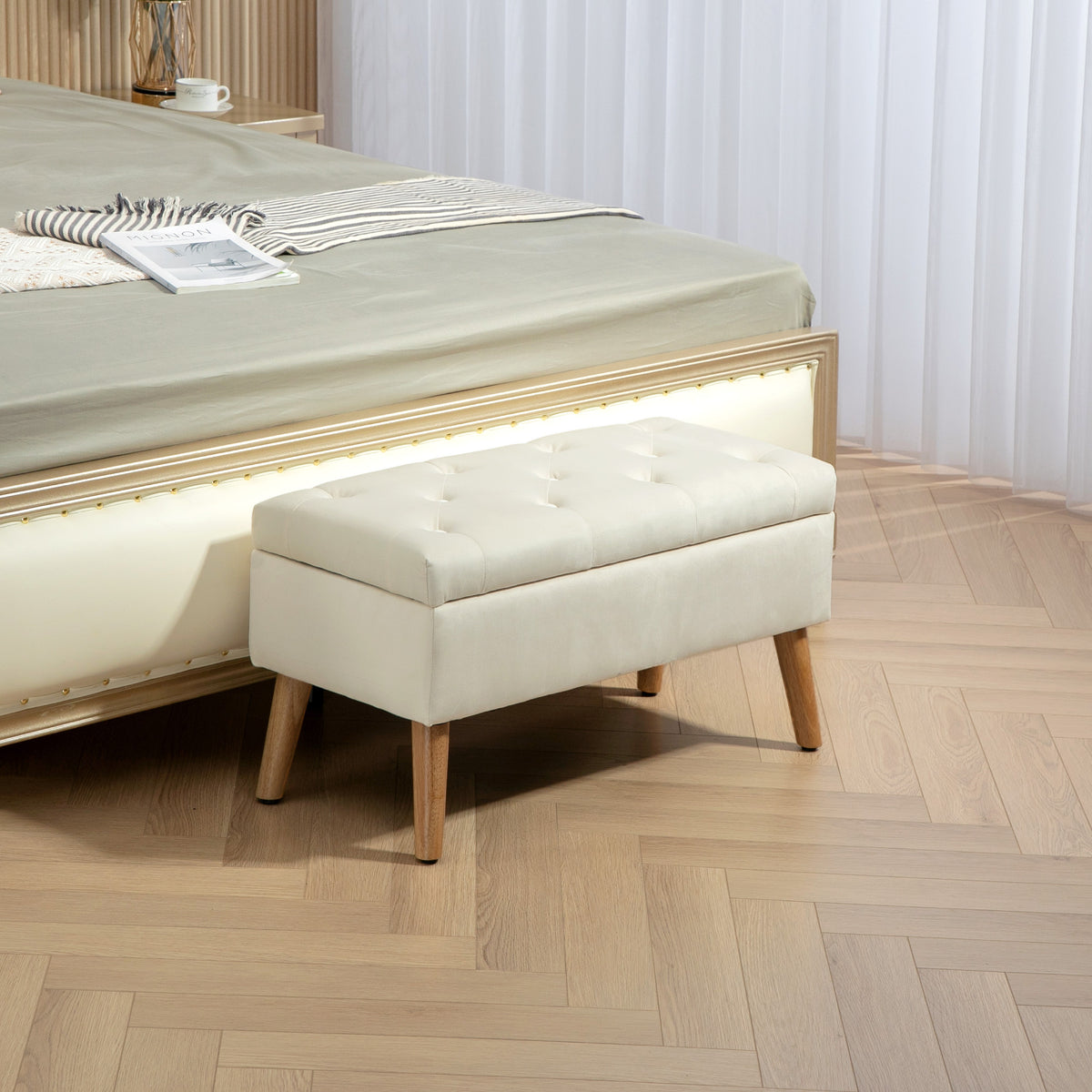 Banc de rangement coffre de rangement tissu effet velours pieds en bois charge max. 120 kg 80 x 35 x 42 cm, crème