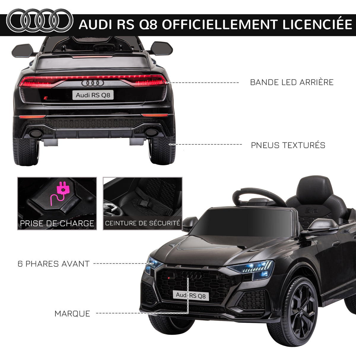 Voiture électrique enfants sous licence Audi RS Q8, véhicule électrique avec télécommande, USB, Bluetooth, noir