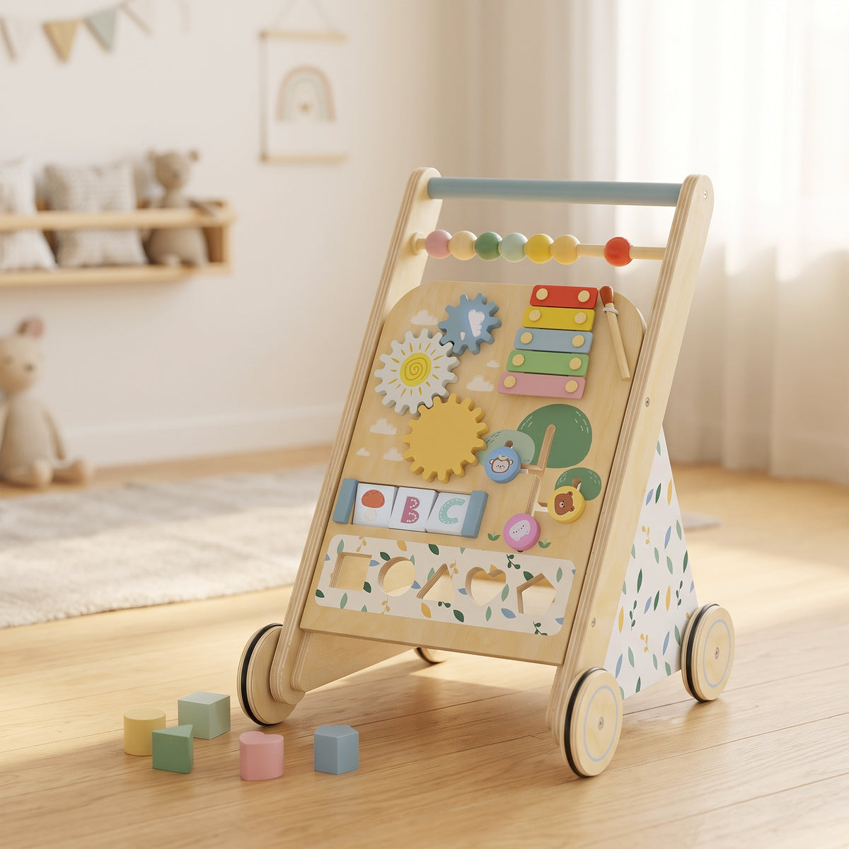 Trotteur Bebe en Bois, Chariot de Marche Bébé avec Centre d'Activités, Vitesse Réglable et 5 Blocs, dès 18 Mois, Naturel