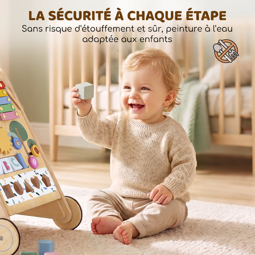 Trotteur Bebe en Bois, Chariot de Marche Bébé avec Centre d'Activités, Vitesse Réglable et 5 Blocs, dès 18 Mois, Naturel