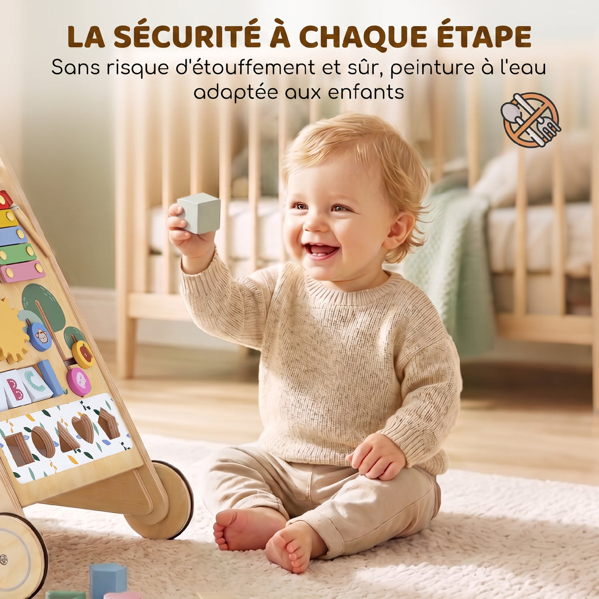 Trotteur Bebe en Bois, Chariot de Marche Bébé avec Centre d'Activités, Vitesse Réglable et 5 Blocs, dès 18 Mois, Naturel