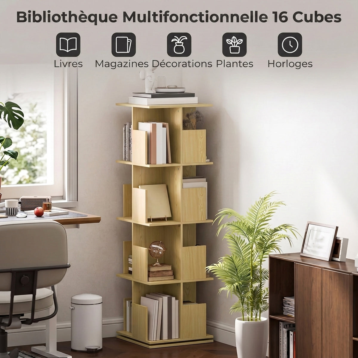 Bibliothèque Rotative à 4 Niveaux, Étagère Rangement avec 16 Compartiments, 39 x 39 x 128,3 cm, Chêne
