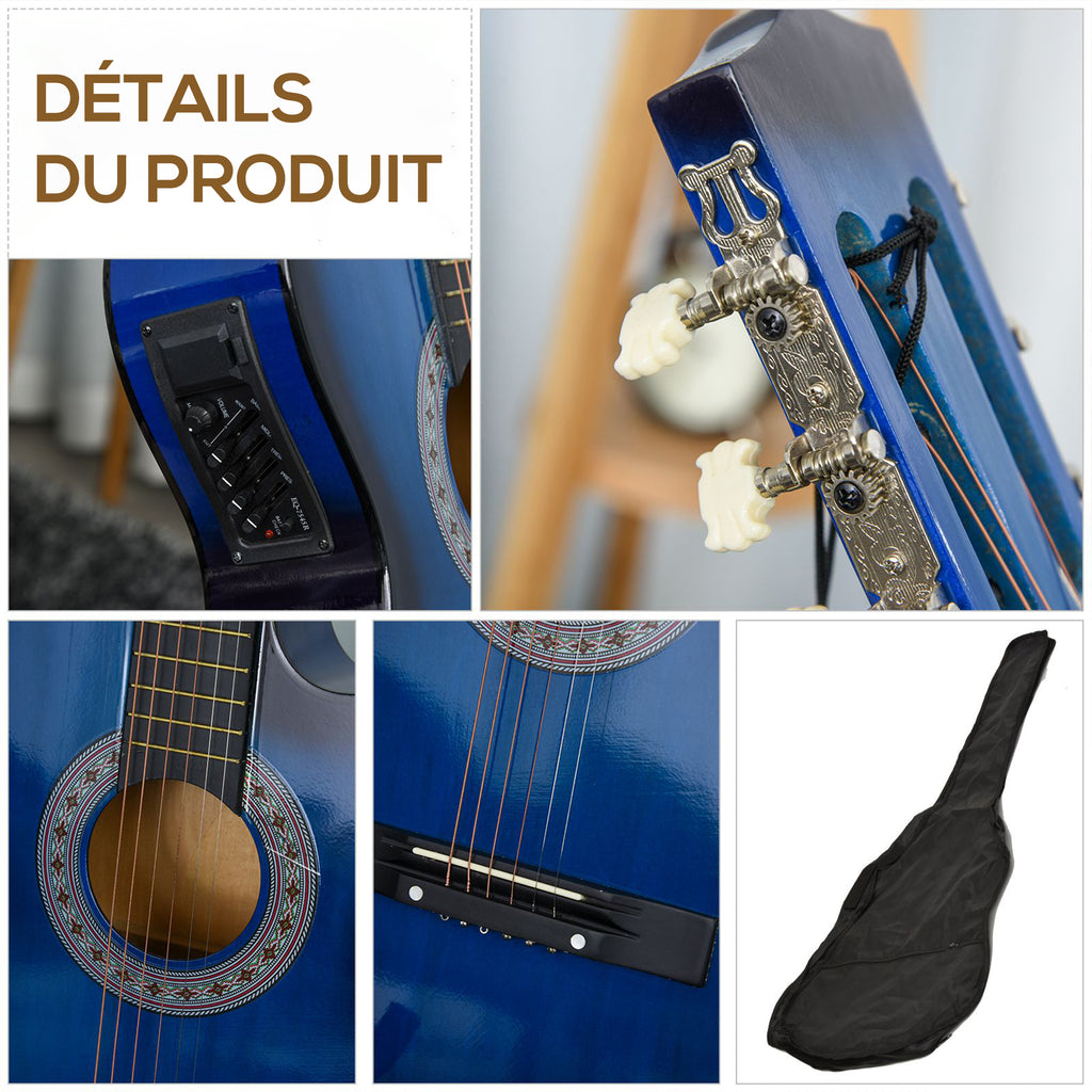 Pack guitare électrique kit guitare électrique avec sac, sangle, corde, médiators, câble, 96,5x35,8x8,5cm, bleu et noir
