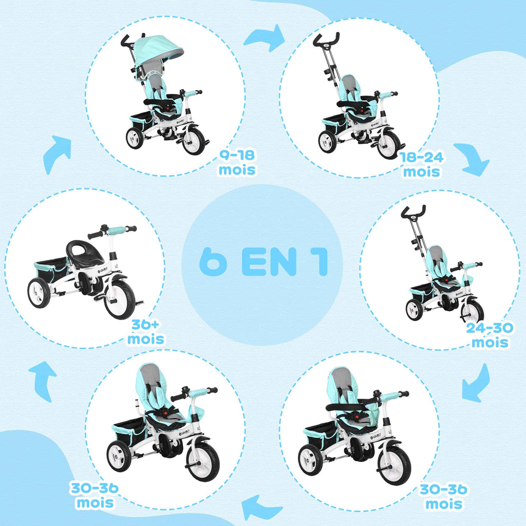 Tricycle 6 en 1 pour enfants, auvent, ceinture de sécurité 5 points, rangement, repose-pieds, frein, 1-5 ans, vert
