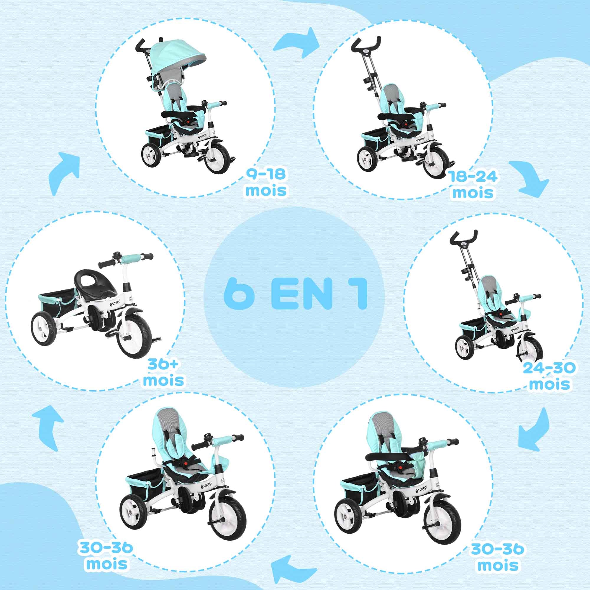 Tricycle 6 en 1 pour enfants, auvent, ceinture de sécurité 5 points, rangement, repose-pieds, frein, 1-5 ans, vert