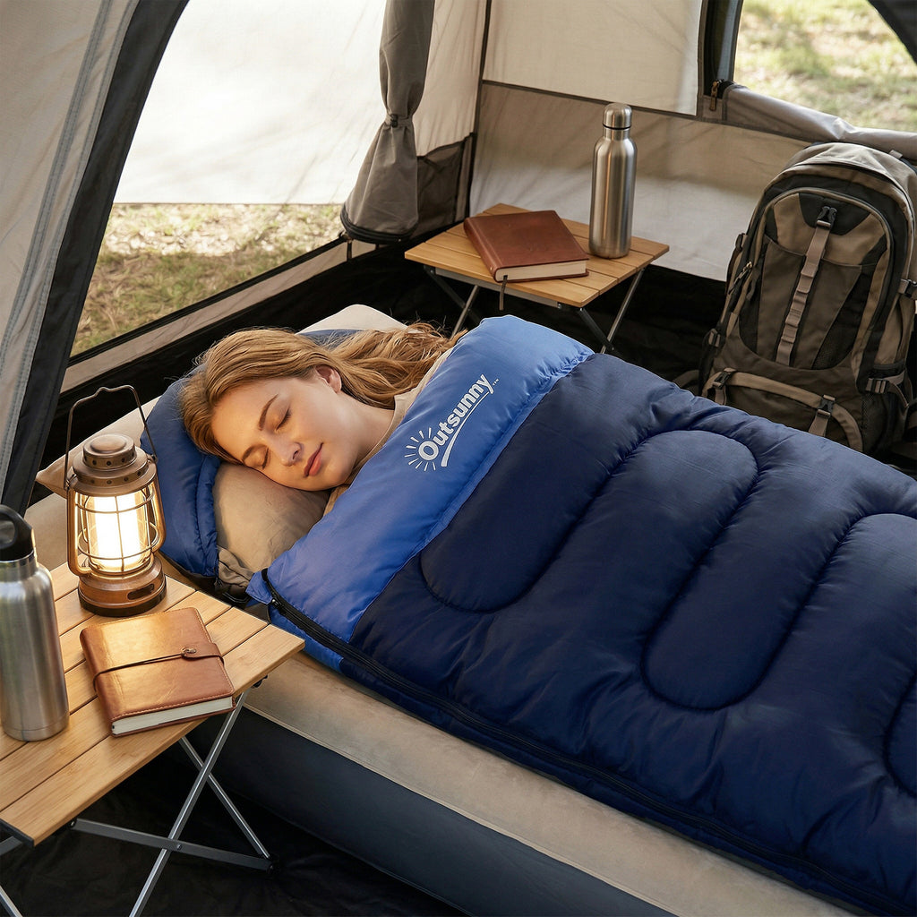 Sac de Couchage Adulte, avec Section Tête, Fermeture Éclair et Sac de Rangement, 300 g/m², 215x75x10cm, Bleu Marine