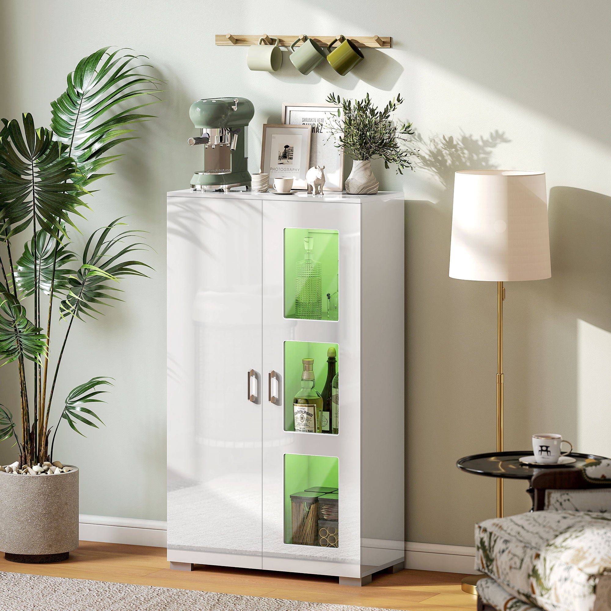 Buffet avec LED RGB 16 couleurs et télécommande, haute brillance, portes vitrées, étagères en verre, 71x35x126cm, blanc