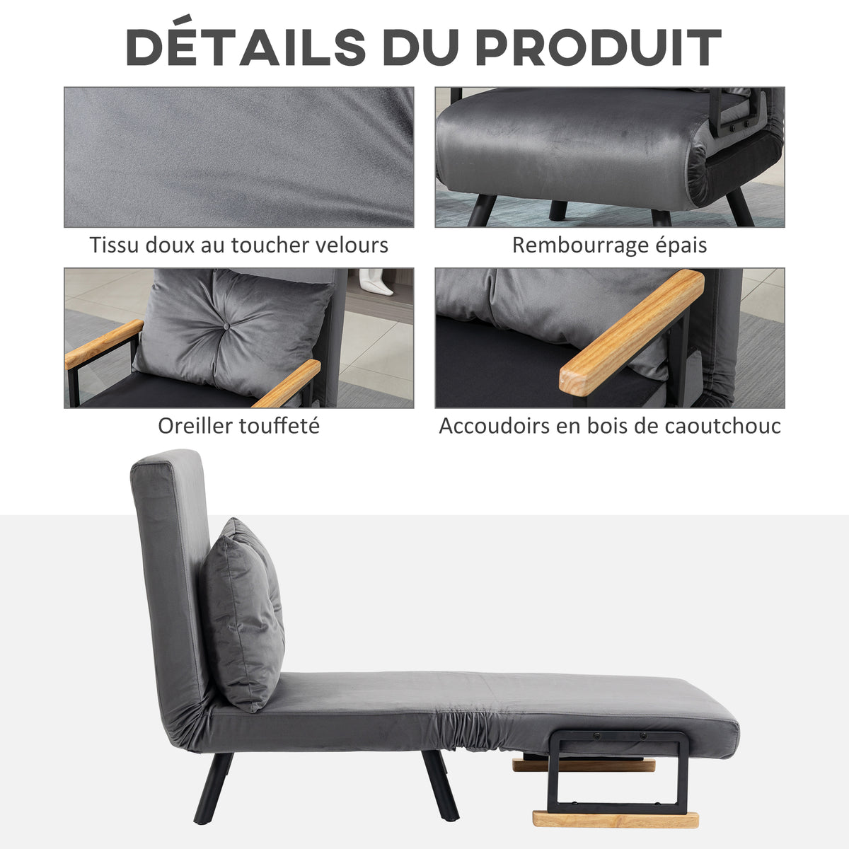 Fauteuil convertible 1 place fauteuil-lit chauffeuse 3 en 1 dossier réglable oreiller tissu velours 63x73x81cm gris