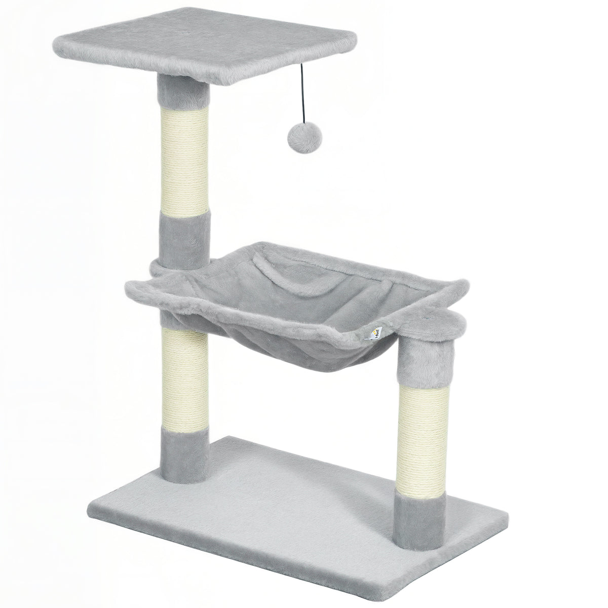 Arbre à chat 3 griffoirs grattoirs sisal naturel plateforme hamac et boule suspendue 50 x 26 x 70 cm peluche courte gris