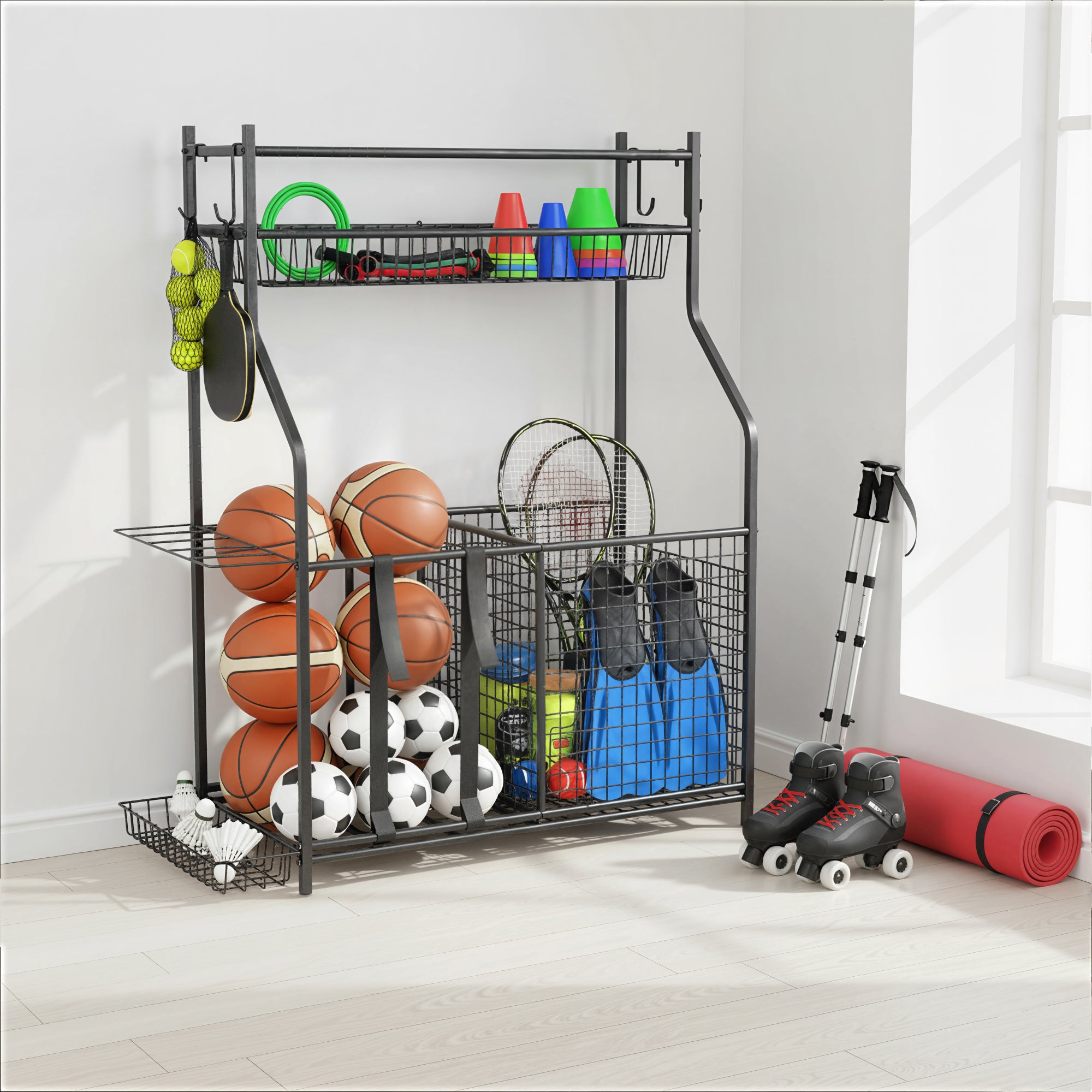 Rangement d'équipements de sport, avec paniers, crochets amovibles, sangles élastiques, 92 x 42 x 109 cm, noir