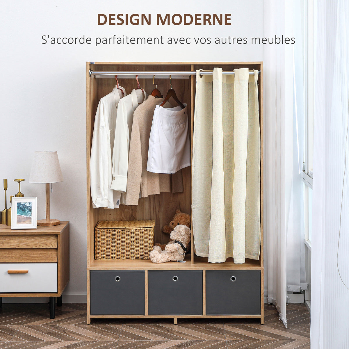 Armoire penderie armoire de rangement avec tringle rideaux 3 tiroirs en tissu amovibles 105 x 48 x 160 cm naturel