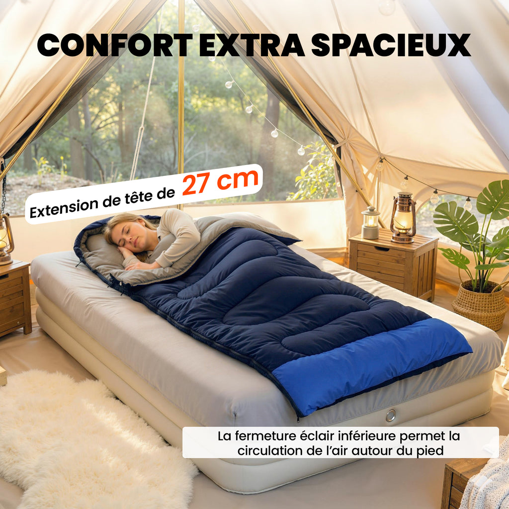 Sac de Couchage Adulte, avec Section Tête, Fermeture Éclair et Sac de Rangement, 300 g/m², 215x75x10cm, Bleu Marine