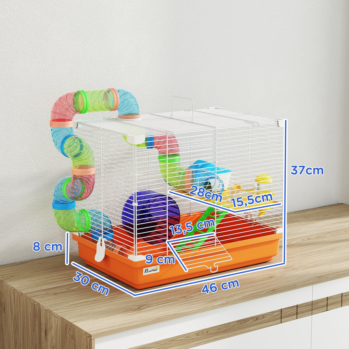 Cage à Hamster Rongeur 2 Niveaux avec Tunnel, Biberon d'Eau, Roue, Maisonnette, Échelles, 46 x 30 x 37 cm, Orange