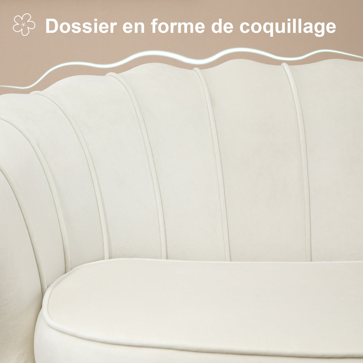 Canapé 2 places en tissu velours, petit canapé, en forme de coquillage, avec coussin épais de 10 cm, crème
