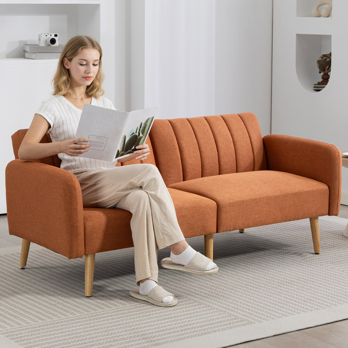 Canapé Convertible 2 Places Design scandinave Dossier inclinable 3 Positions Pieds Bois Tissu Aspect Lin marron