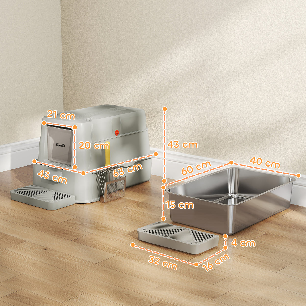 Bac à Litière pour Chat 80L en Inox avec Couvercle Rabattable à 180°, Tiroir Coulissant, Pelle, 63x43x43cm, Gris Clair
