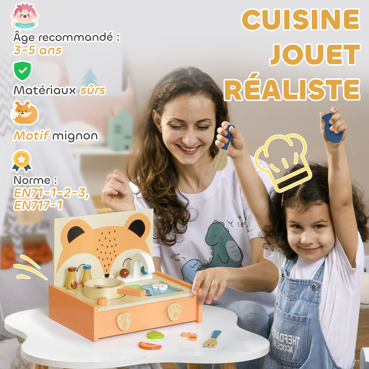 Mini-cuisine en bois jouet enfant avec 12 accessoires poêle spatule condiments fruits légumes - pour 3-5 ans -