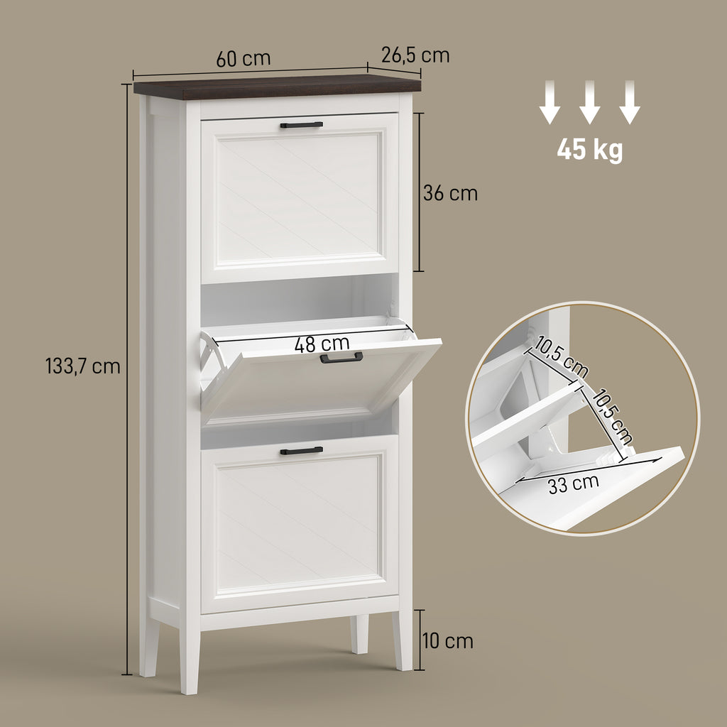 Meuble à chaussures 18 paires, armoire à chaussures étroite avec 3 tiroirs rabattables et étagères réglables, blanc