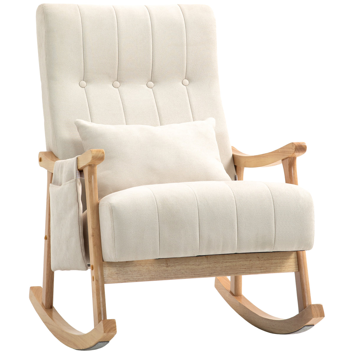 Fauteuil à bascule, Rocking Chair en Tissu Efft Lin, Coussin Lombaire, Assise Rembourrée, Pieds en Bois d'Hévéa, Beige
