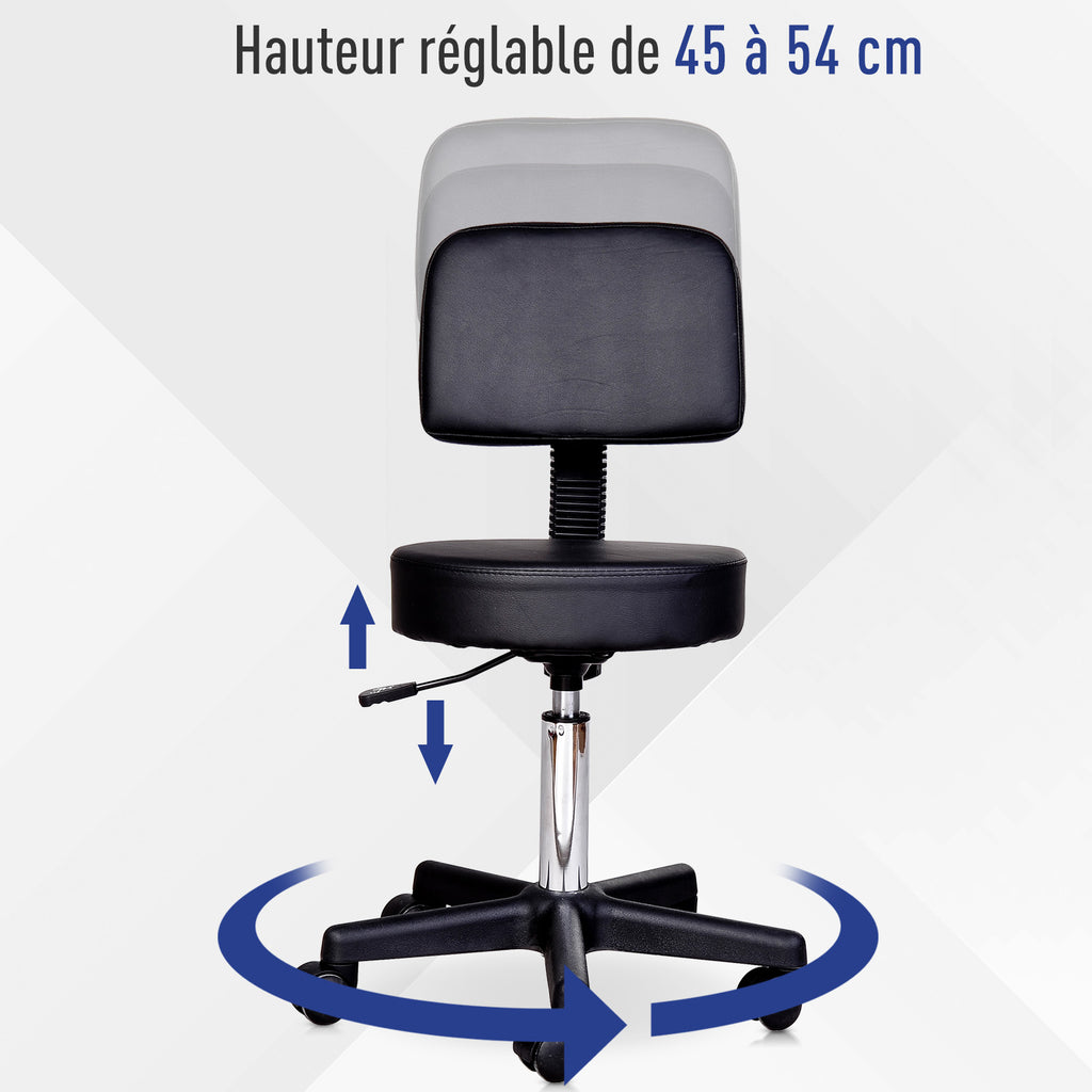 Tabouret massage a roulettes reglable en hauteur pivotant avec dossier ergonomique noir