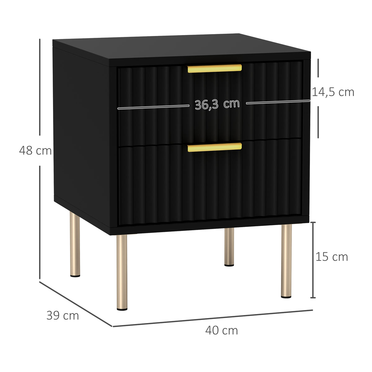 Table de chevet, table de nuit cannelée avec 2 tiroirs et pieds en acier, pour chambre à coucher, salon, noir