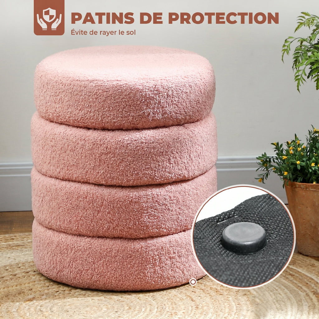 Repose pied salon, tabouret ottoman rond rembourré en peluche Teddy, pour chambre à coucher, entrée, Ø 40 x 45 cm, rose