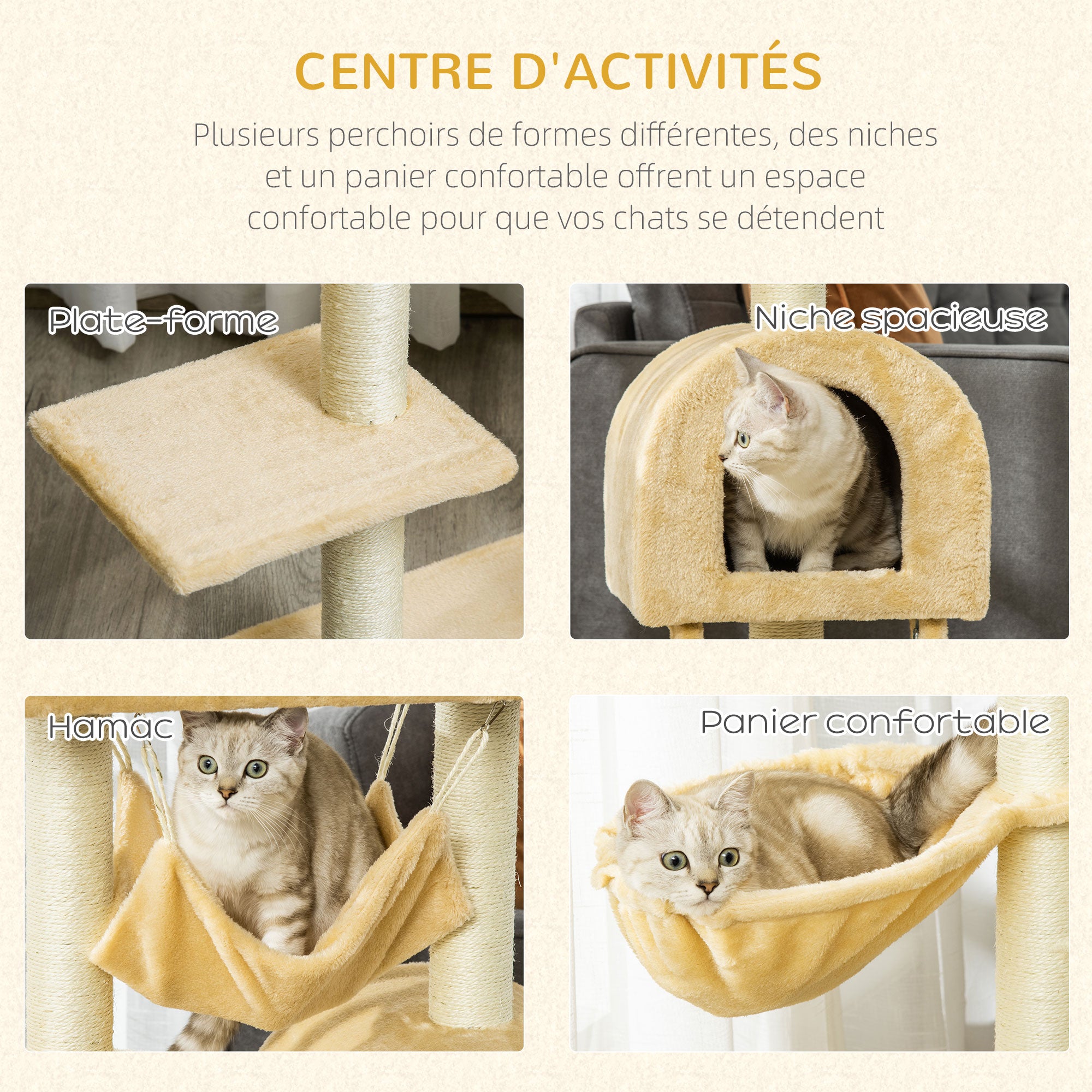 Arbre à chat griffoir arbre à grimper stable à plusieurs niveaux centre d'activités hauteur 98 cm beige