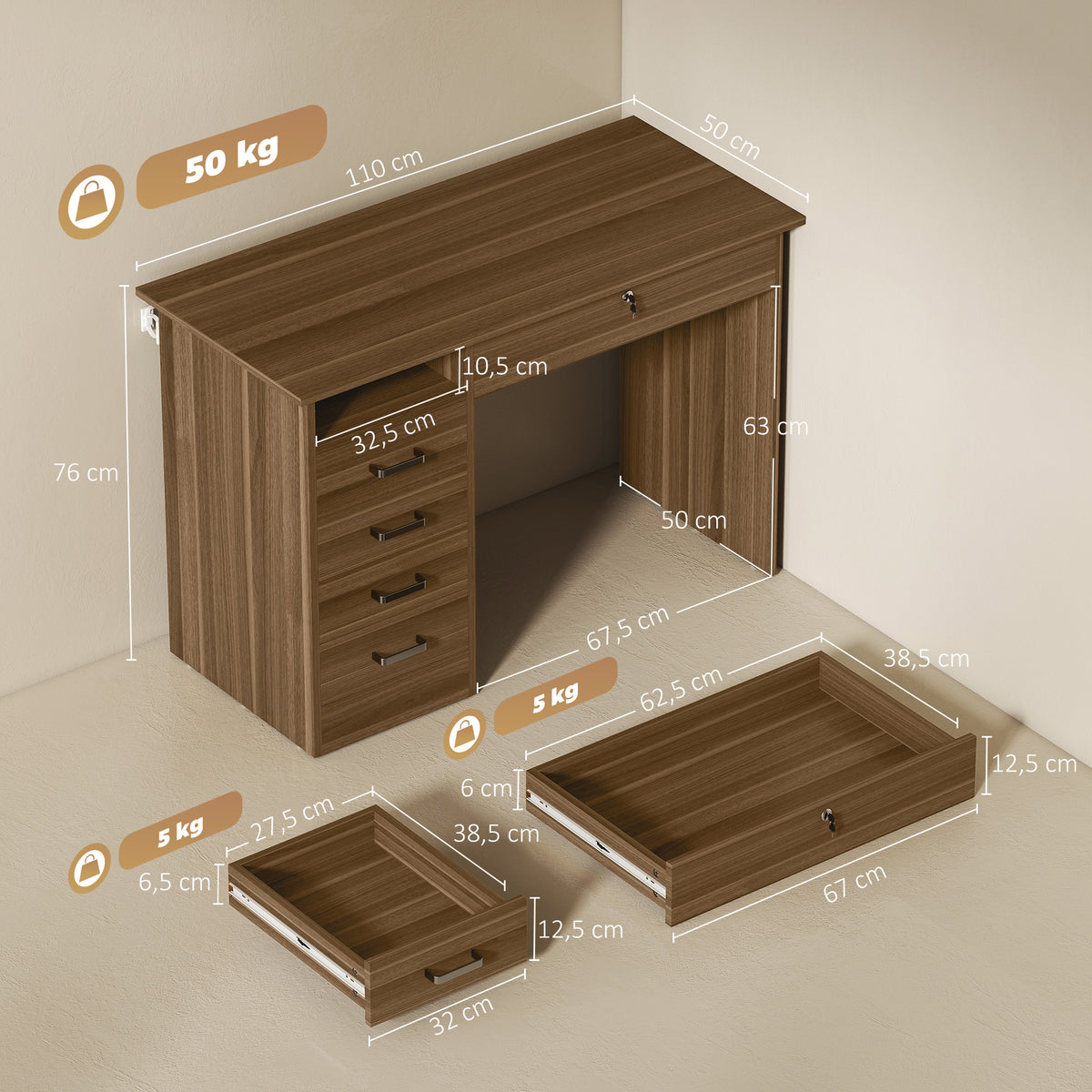 Bureau Informatique avec 5 Tiroirs, 110 x 50 cm, Bureau avec Rangement, Étagère Ouverte, Tiroir Verrouillable, Noyer