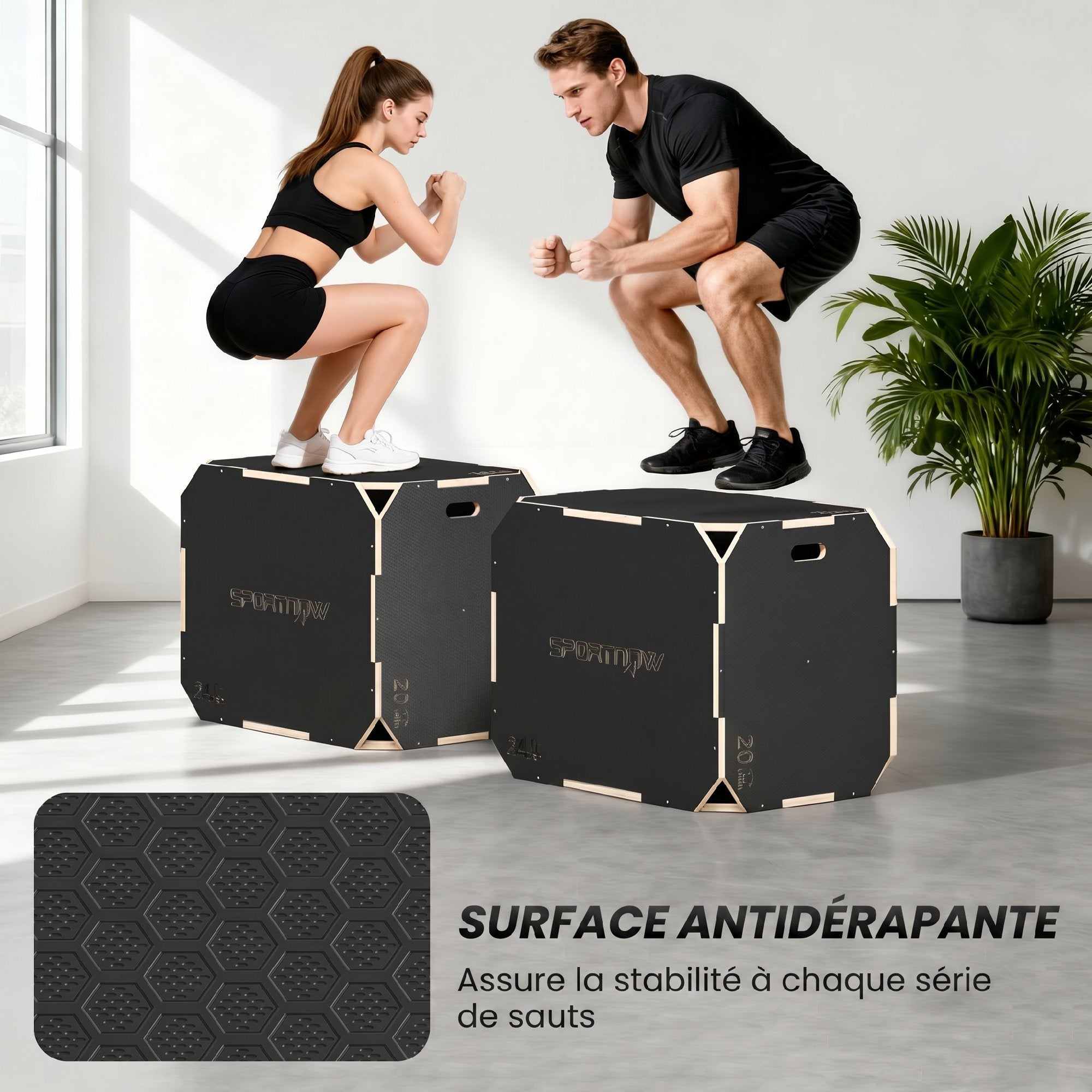 Boîte Plométrique 3 en 1 en Bois pour Entraînement au Saut, Antidérapant et sans Coins, 76x61x51cm, Noir
