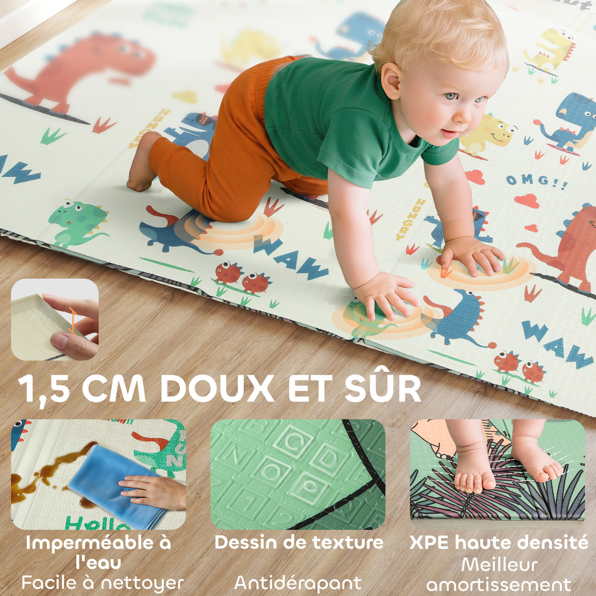 Tapis de jeu pour enfant bebe, tapis d'éveil bébé pliable épais réversible en mousse, 196 x 176 x 1,5 cm, multicolore