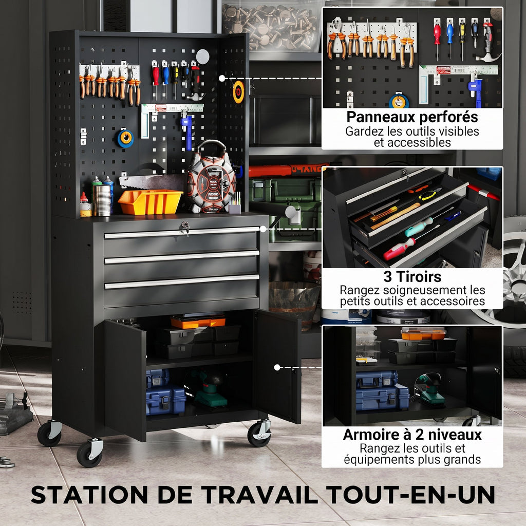 Servante d'atelier en acier à 3 tiroirs, chariot à outils sur roulettes, étagère réglable, panneau perforé, noir