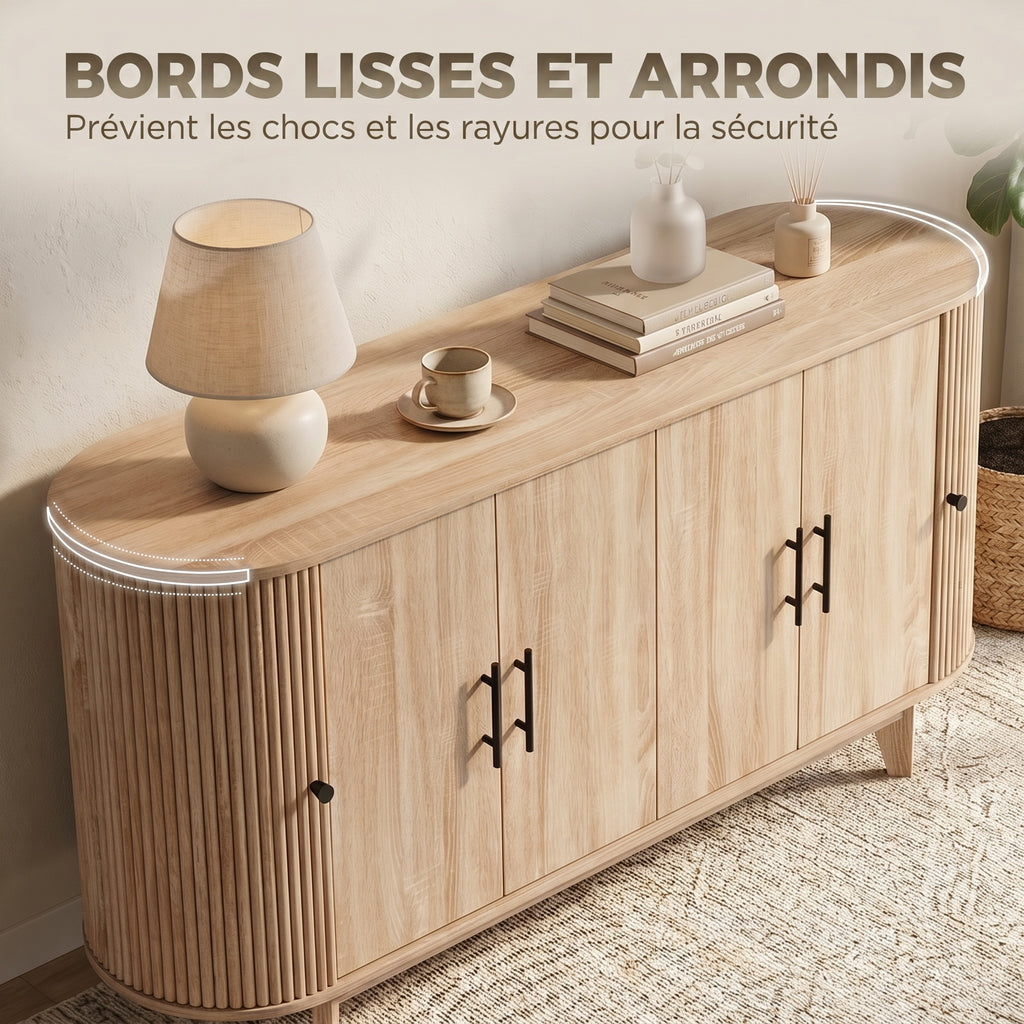 Buffet salon, meuble de rangement ovale avec 6 portes et 2 étagères réglables, 147x40x76cm, chêne