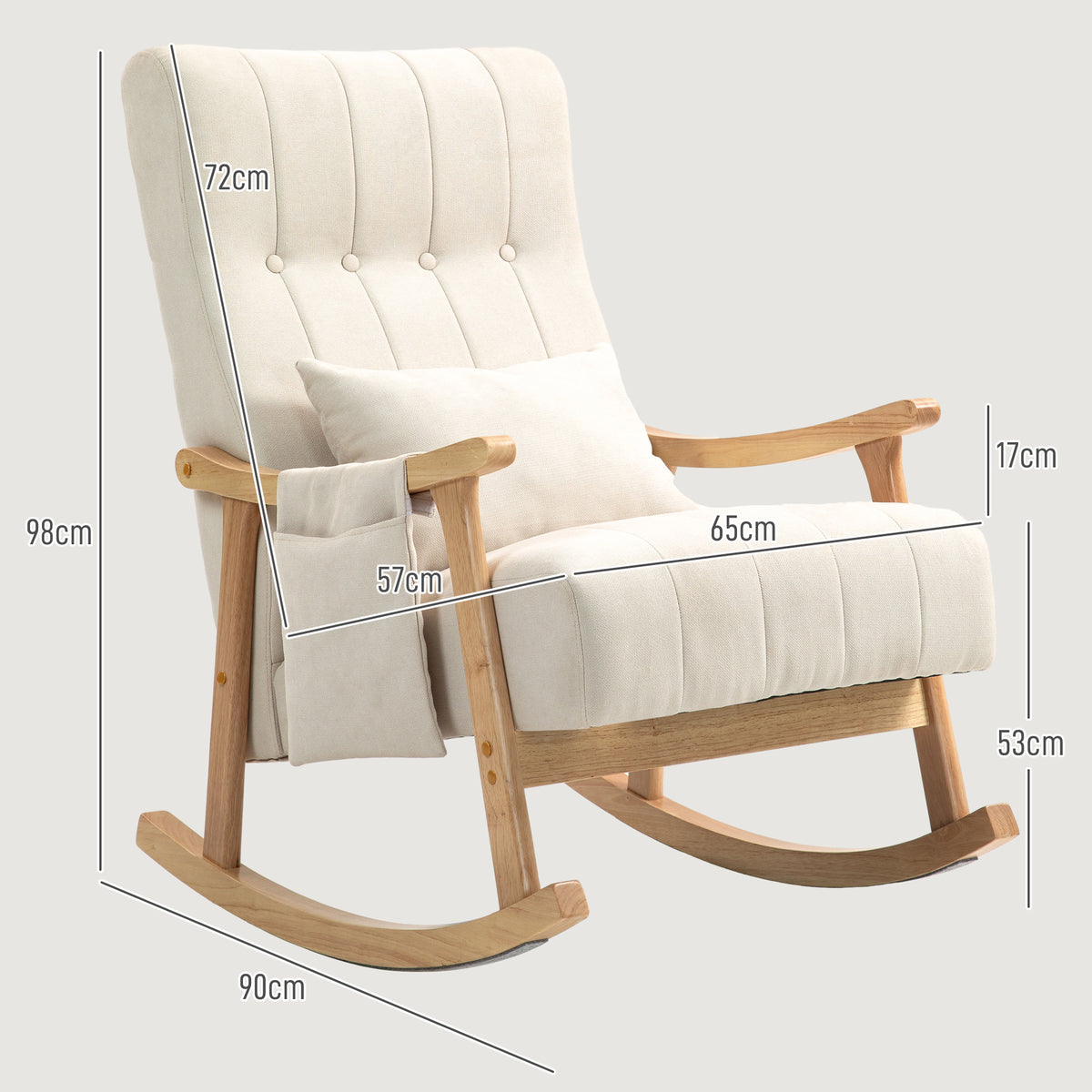 Fauteuil à bascule, Rocking Chair en Tissu Efft Lin, Coussin Lombaire, Assise Rembourrée, Pieds en Bois d'Hévéa, Beige