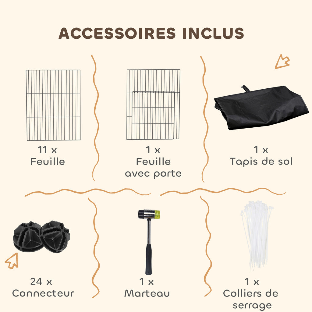 Enclos pour petits animaux, cage à lapin modulable 12 panneaux avec tapis étanche, en acier, 120 x 60 x 40 cm, noir