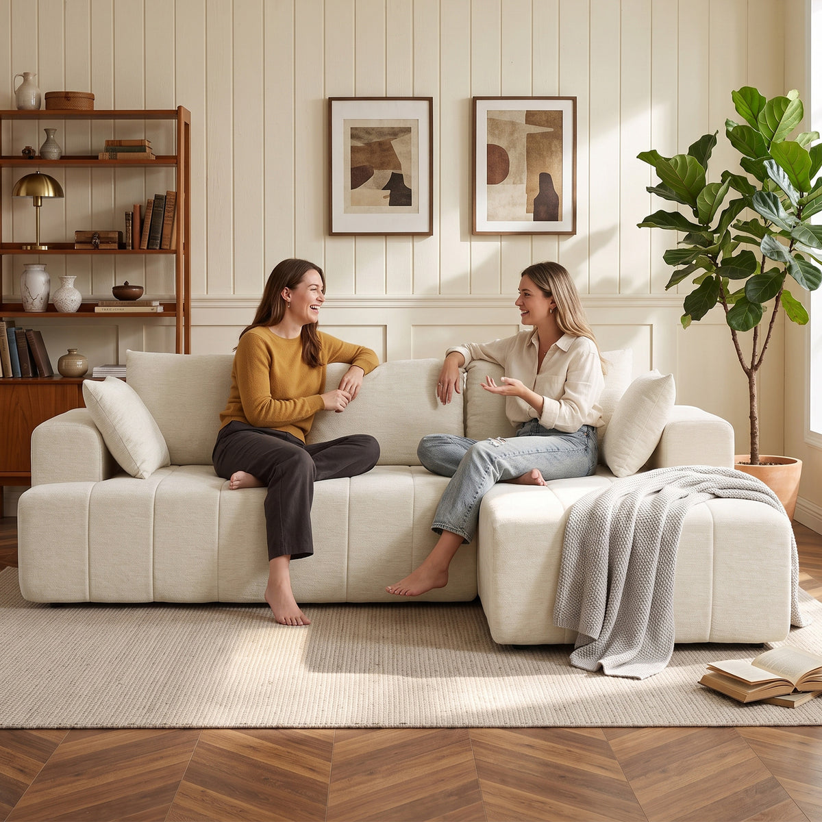 Canapé d'angle 256 cm avec méridienne, canapé-lit 3 places en chenille forme de L, assise et accoudoirs larges, beige