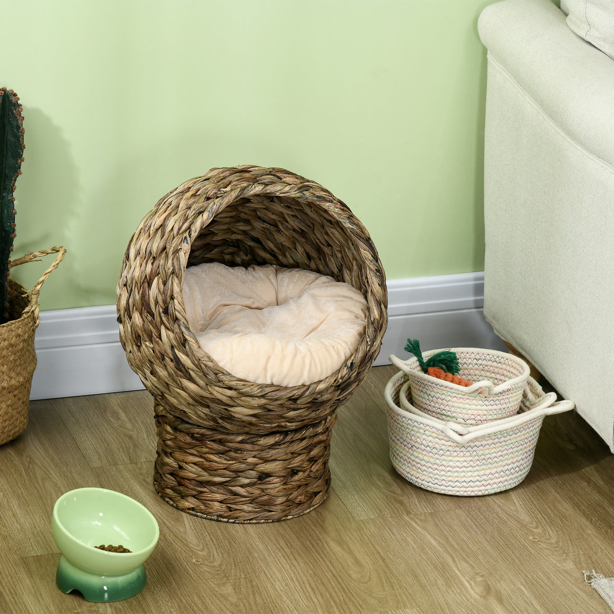 Panier lit surélevé pour chat, niche grotte cosy grand confort, dim. 40L x 37l x 51H cm coussin moelleux beige inclus