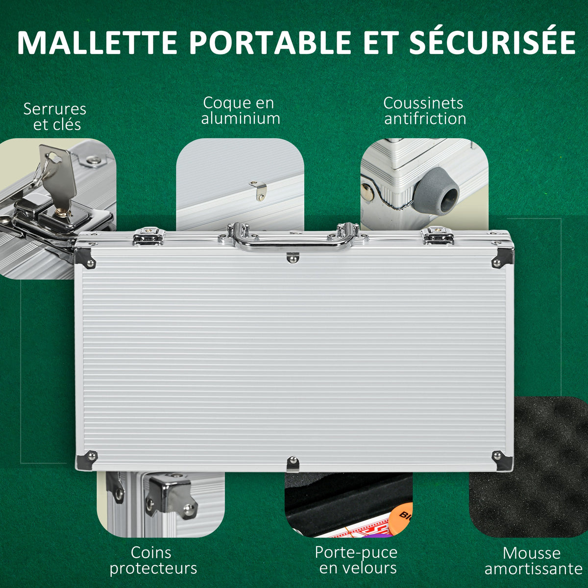 Mallette de Poker Coffret de Poker Complet, verrouillable, avec 300 jetons 2 Jeux de Cartes 3 boutons 1 Tapis en Feutre