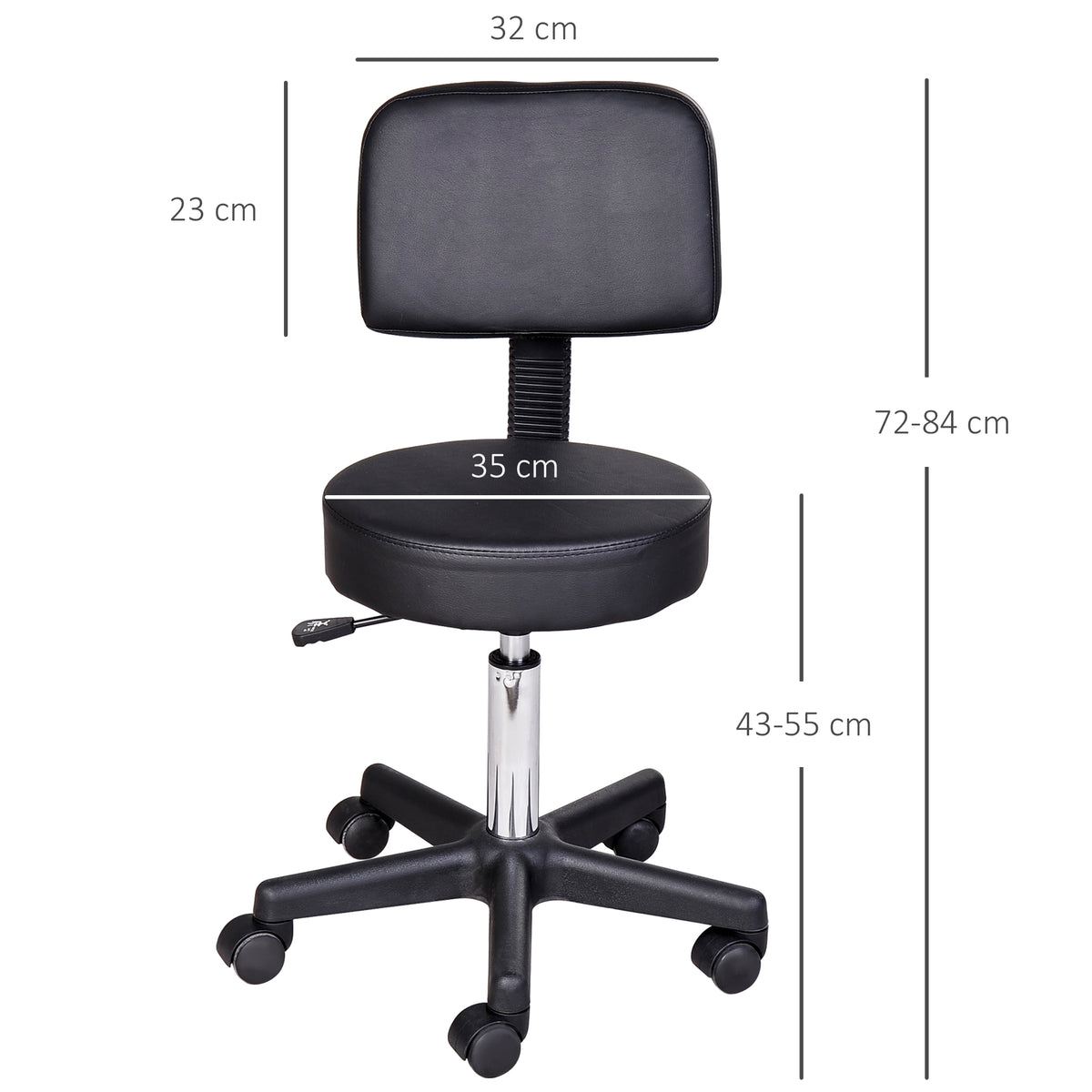 Tabouret massage a roulettes reglable en hauteur pivotant avec dossier ergonomique noir