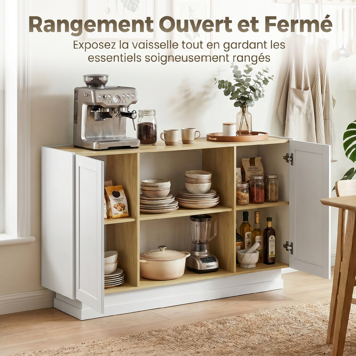 Buffet Cuisine, Meuble de Rangement avec 2 Portes et 2 Étagères Ouvertes, 133 x 35 x 79,7 cm, Bois Naturel et Blanc