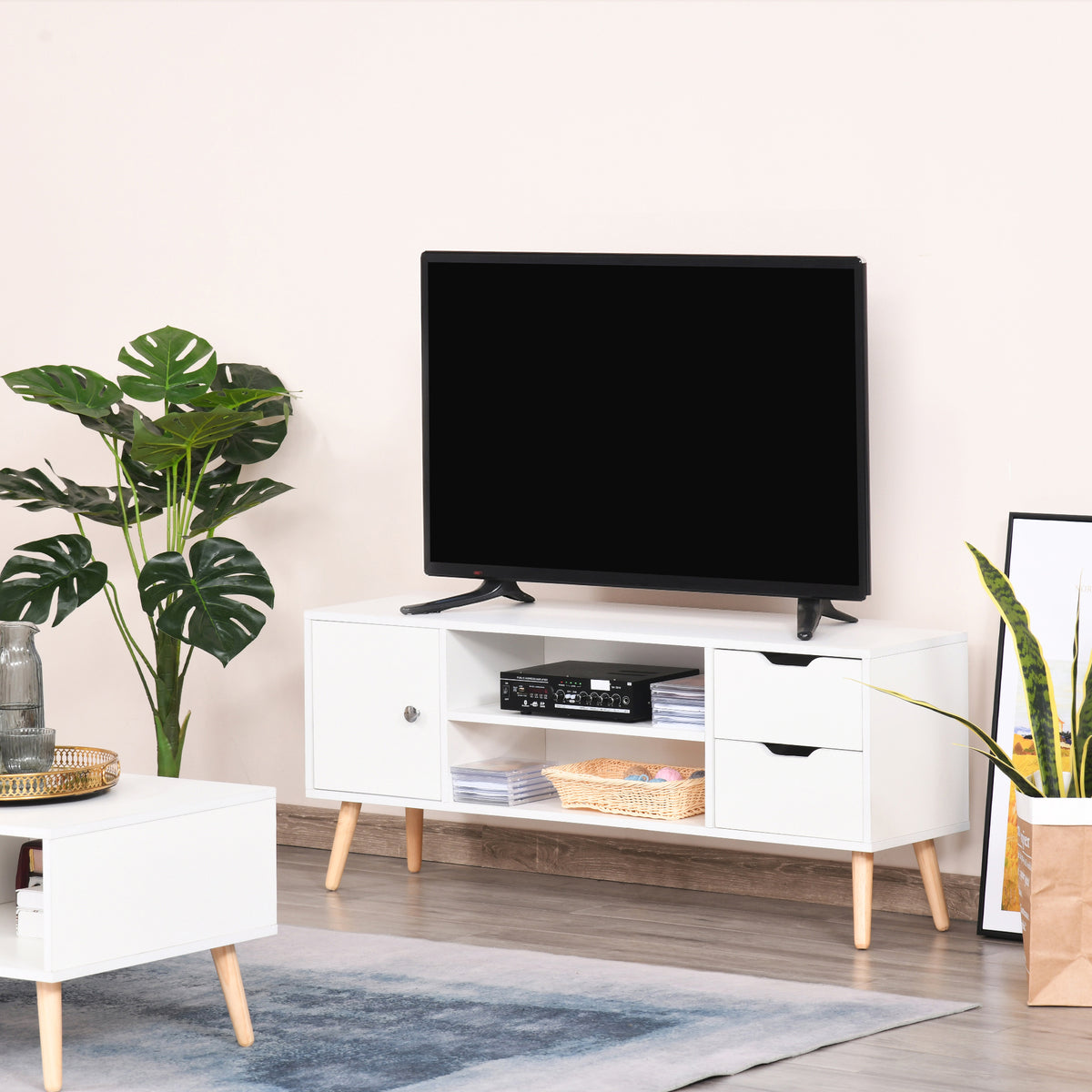 Meuble TV Banc TV Style scandinave Placard 2 niches 2 tiroirs Passe-Fils Panneaux Particules Blanc Bois pin